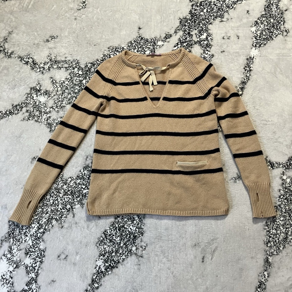 Calypso St Barth Womens Size XS Cashmere Sweater Tan Navy Striped Lace Up